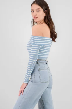 Shasa Off Shoulder Striped Textured Top