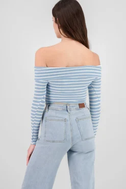 Shasa Off Shoulder Striped Textured Top