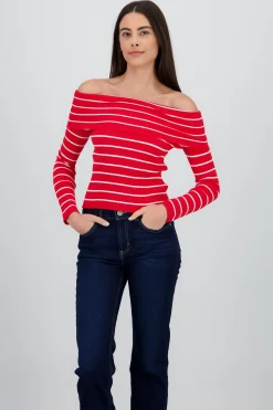 Shasa Off the Shoulder Long Sleeve Stripped Top