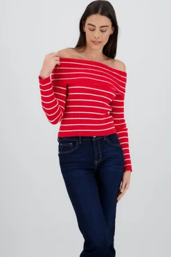 Shasa Off the Shoulder Long Sleeve Stripped Top