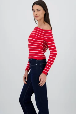 Shasa Off the Shoulder Long Sleeve Stripped Top