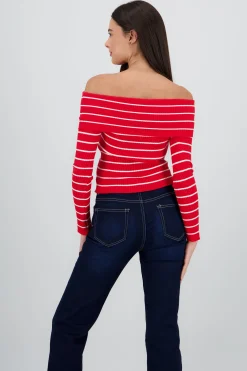 Shasa Off the Shoulder Long Sleeve Stripped Top