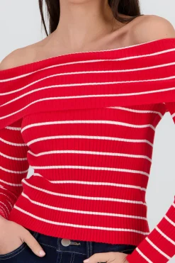 Shasa Off the Shoulder Long Sleeve Stripped Top