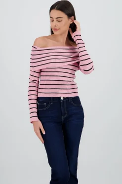 Shasa Off the Shoulder Long Sleeve Stripped Top