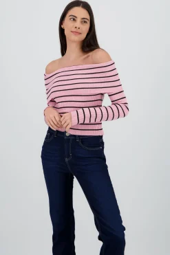 Shasa Off the Shoulder Long Sleeve Stripped Top