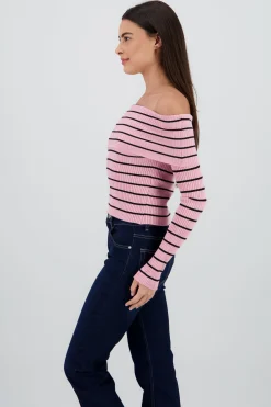 Shasa Off the Shoulder Long Sleeve Stripped Top