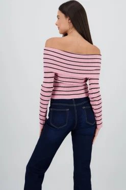 Shasa Off the Shoulder Long Sleeve Stripped Top