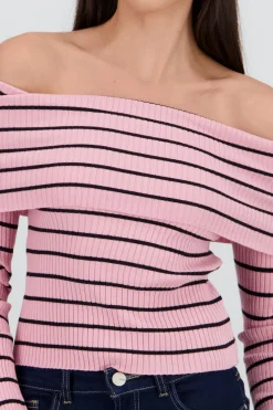 Shasa Off the Shoulder Long Sleeve Stripped Top