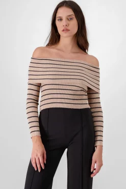 Shasa Off the Shoulder Long Sleeve Stripped Top