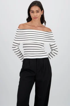 Shasa Off the Shoulder Long Sleeve Stripped Top