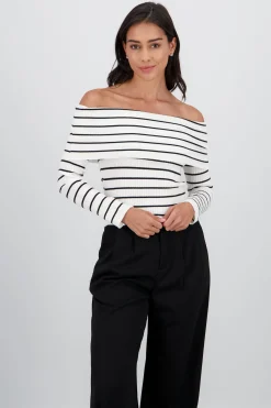 Shasa Off the Shoulder Long Sleeve Stripped Top