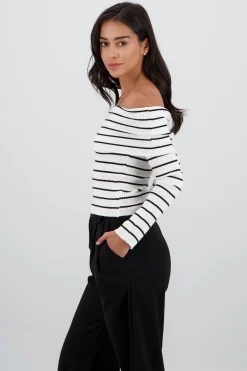 Shasa Off the Shoulder Long Sleeve Stripped Top