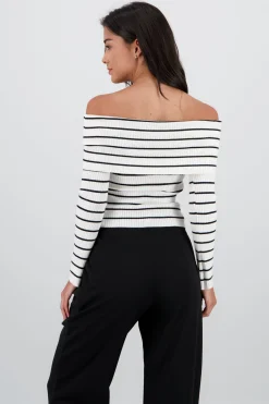 Shasa Off the Shoulder Long Sleeve Stripped Top
