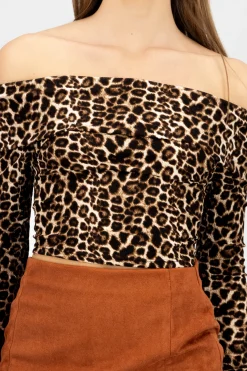 Shasa Off-Shoulder Animal Print Glitter Top