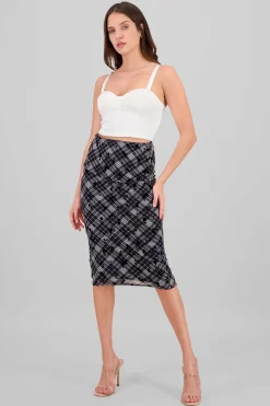 Shasa Plaid Maxi Skirt with Floral Details