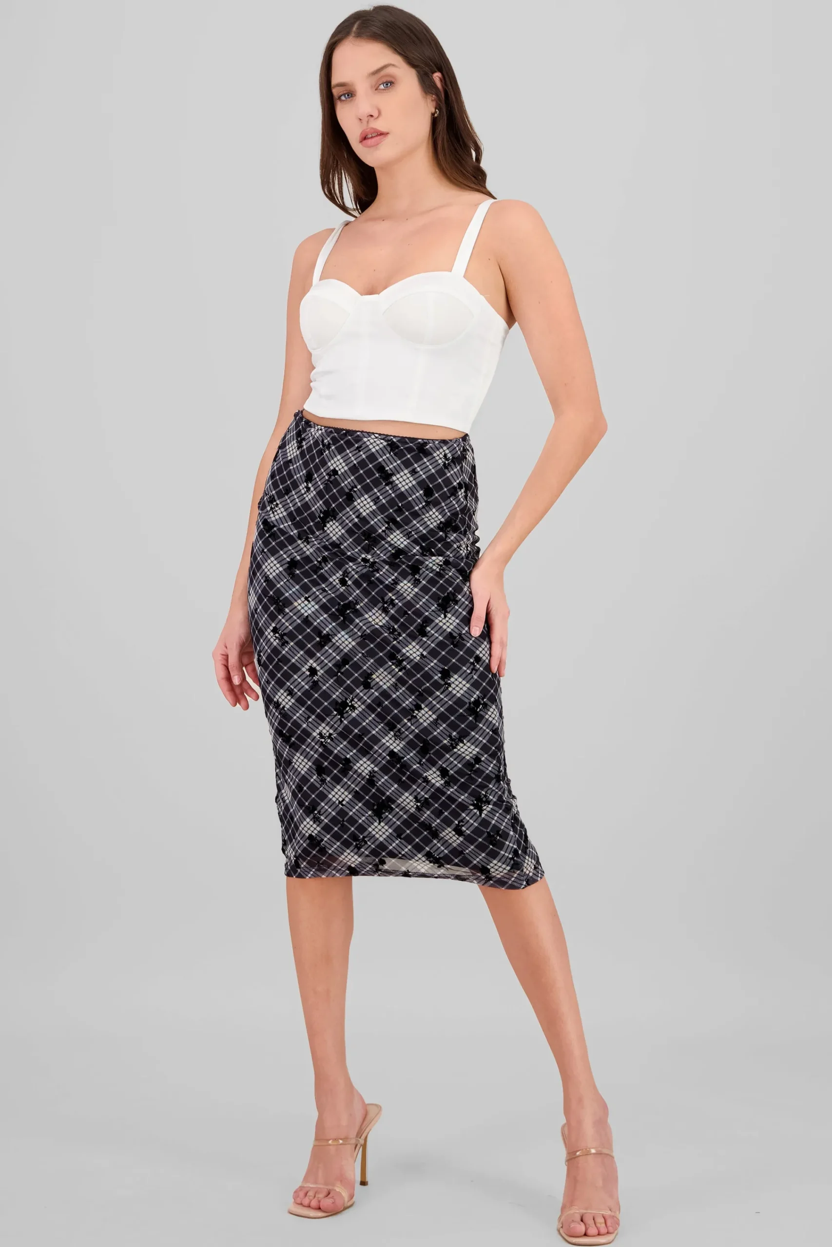 Shasa Plaid Maxi Skirt with Floral Details