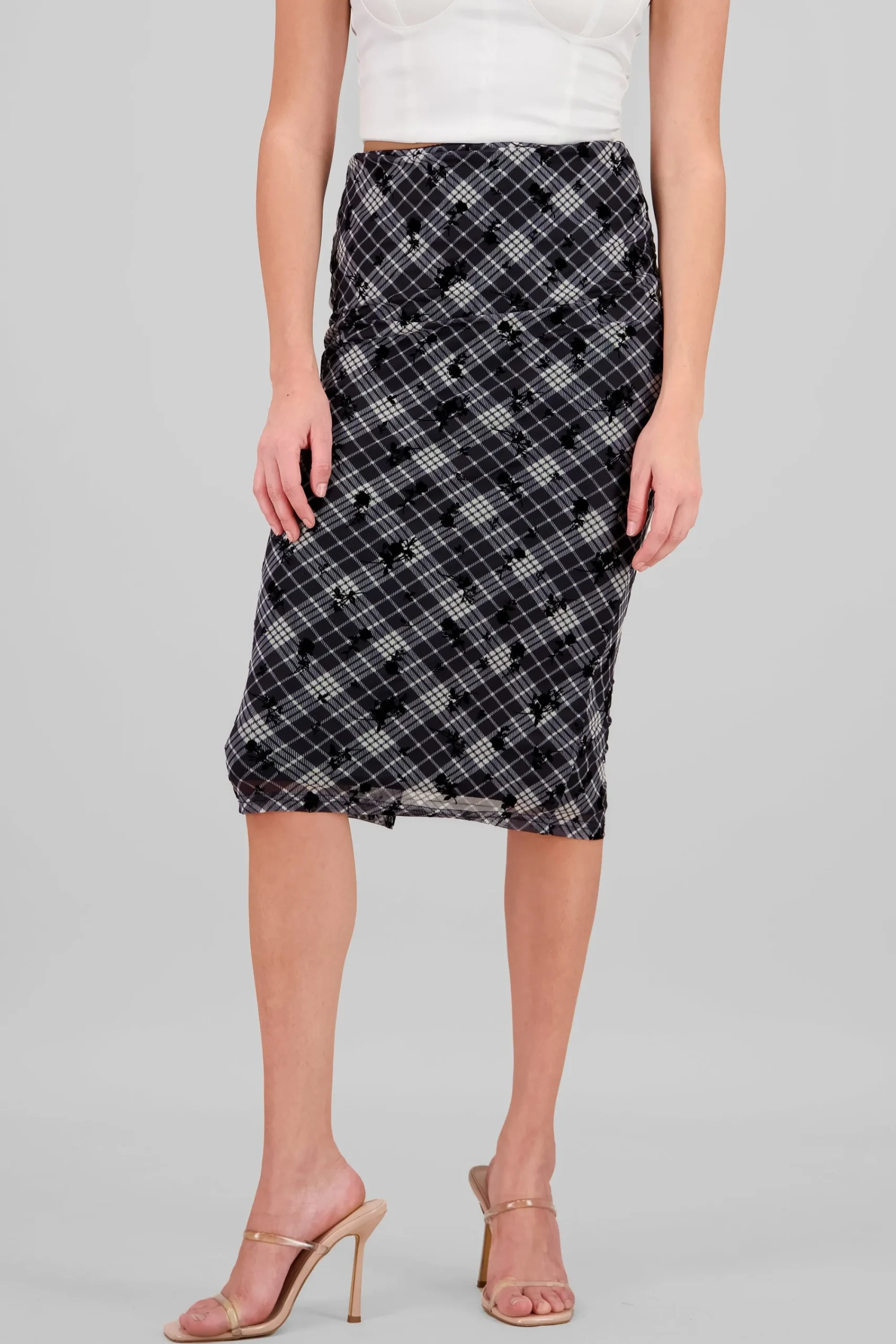 Shasa Plaid Maxi Skirt with Floral Details