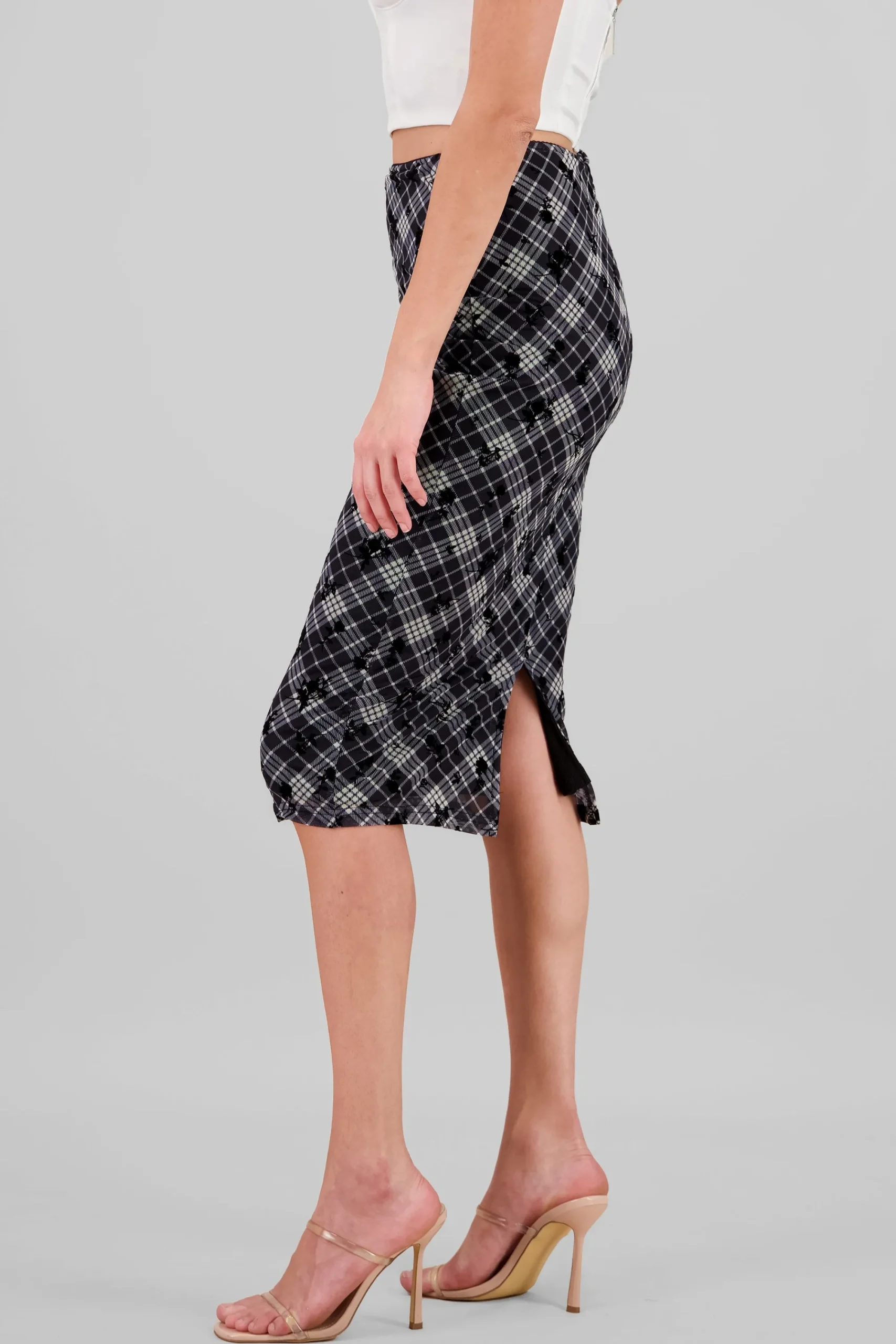 Shasa Plaid Maxi Skirt with Floral Details