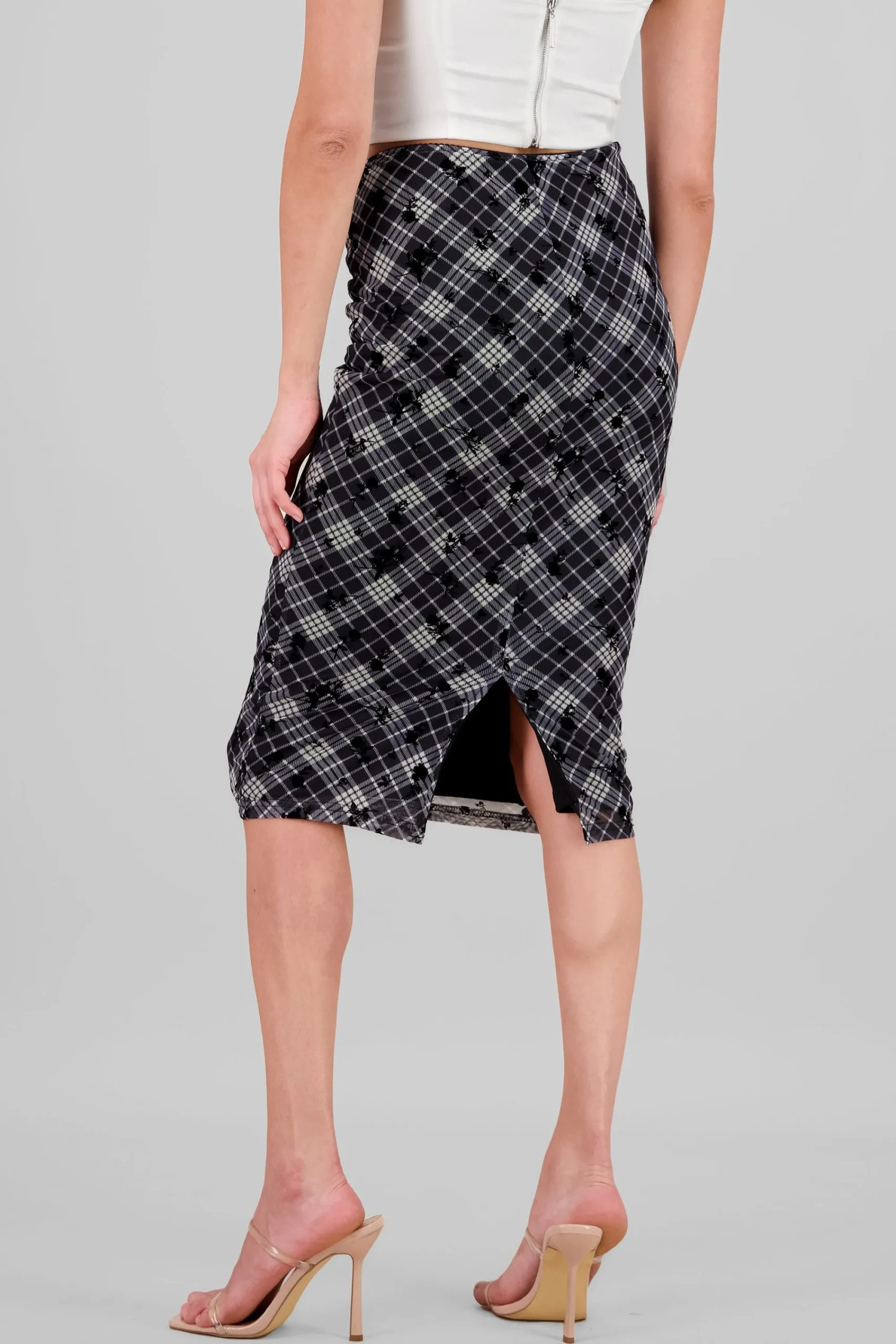 Shasa Plaid Maxi Skirt with Floral Details
