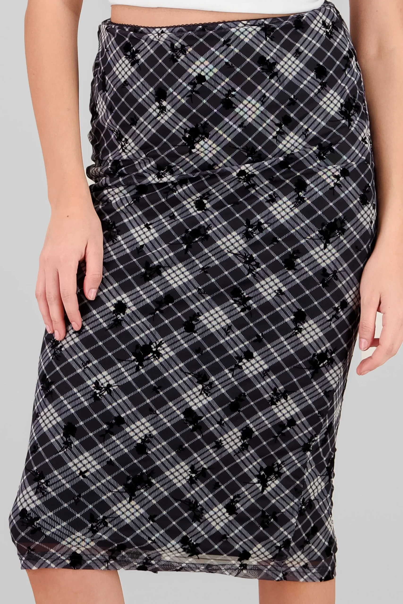 Shasa Plaid Maxi Skirt with Floral Details