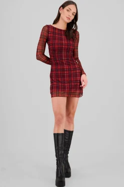 Shasa Plaid Mesh Long Sleeve Mini Dress