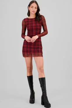 Shasa Plaid Mesh Long Sleeve Mini Dress