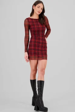 Shasa Plaid Mesh Long Sleeve Mini Dress
