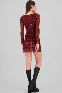 Shasa Plaid Mesh Long Sleeve Mini Dress