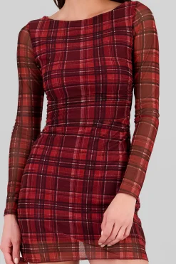 Shasa Plaid Mesh Long Sleeve Mini Dress
