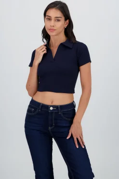 Shasa Plain Rib Polo Neck Crop Top