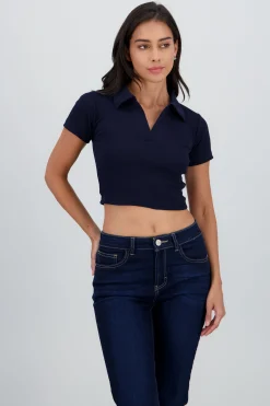 Shasa Plain Rib Polo Neck Crop Top
