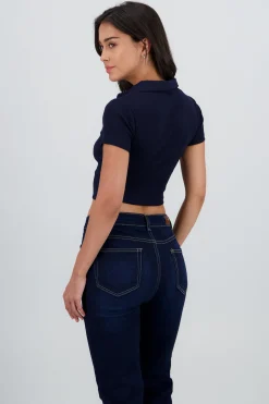 Shasa Plain Rib Polo Neck Crop Top