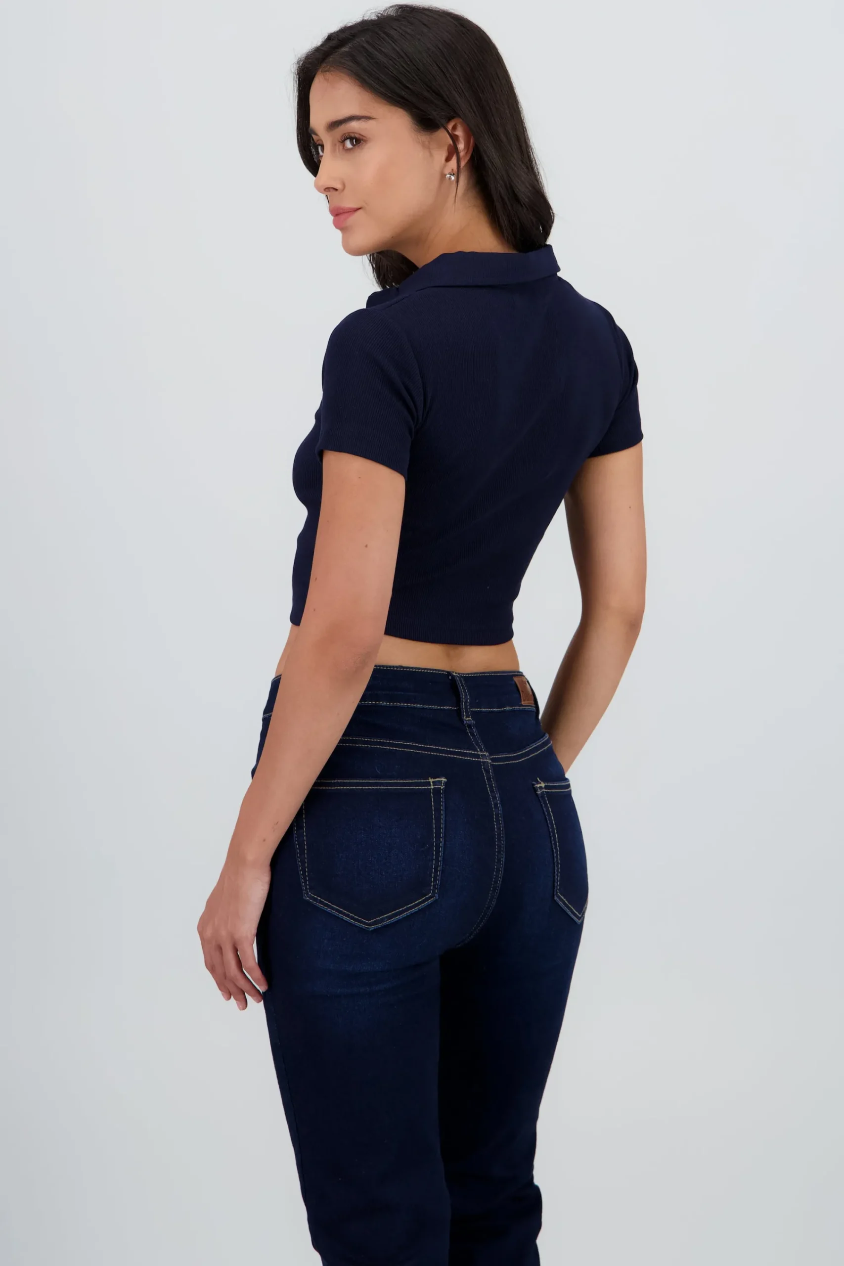Shasa Plain Rib Polo Neck Crop Top