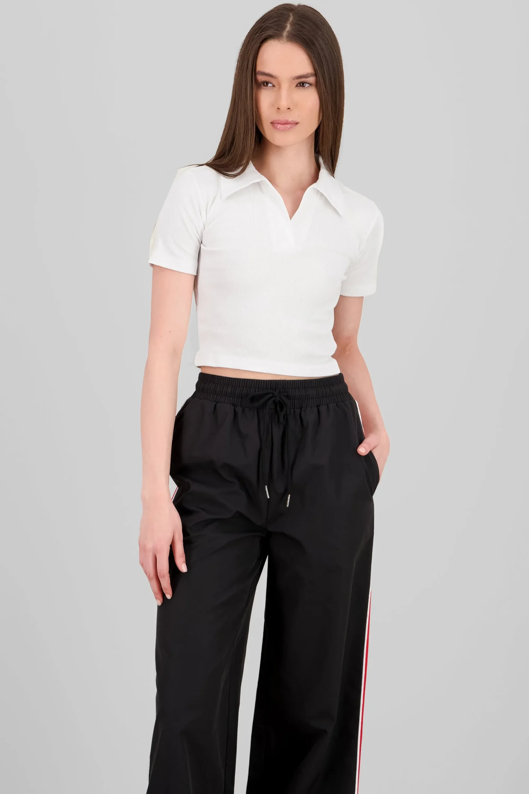 Shasa Plain Rib Polo Neck Crop Top