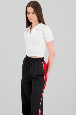Shasa Plain Rib Polo Neck Crop Top
