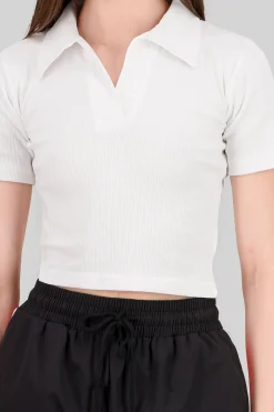 Shasa Plain Rib Polo Neck Crop Top