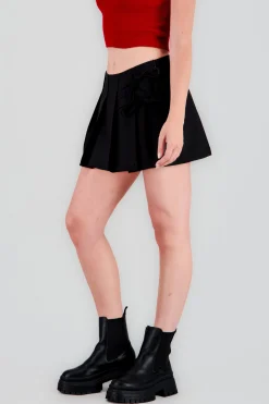 Shasa Plated Mini Skirt with Bow Details