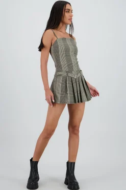 Shasa Pleated Checkered Dress with Belt