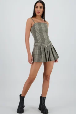 Shasa Pleated Checkered Dress with Belt