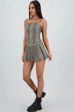 Shasa Pleated Checkered Dress with Belt