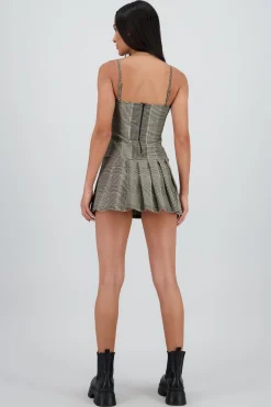 Shasa Pleated Checkered Dress with Belt