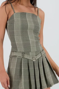 Shasa Pleated Checkered Dress with Belt