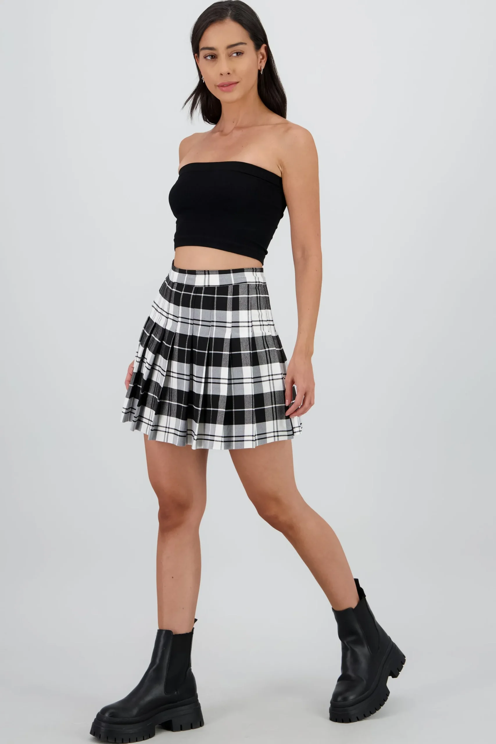 Shasa Pleated Skirt with Plaid Detail
