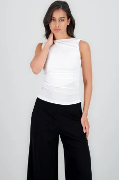 Shasa Pleated Solid Shoulder Top
