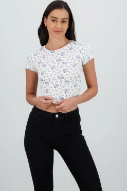 Shasa Pointelle Fabric Short Sleeve Printed Top