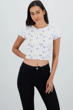 Shasa Pointelle Fabric Short Sleeve Printed Top