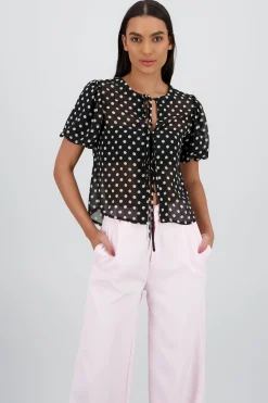 Shasa Polka Dot Puff Sleeve Top with Bow Detail