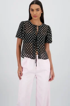 Shasa Polka Dot Puff Sleeve Top with Bow Detail