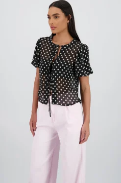 Shasa Polka Dot Puff Sleeve Top with Bow Detail