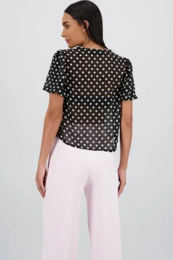 Shasa Polka Dot Puff Sleeve Top with Bow Detail